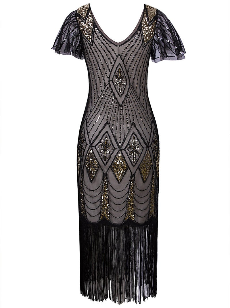 Vijiv Women 1920s Gatsby Beaded Sequin Short Sleeve Art Deco Long Flapper Prom Dresses,XX-Large,Beige Gold - Image 4